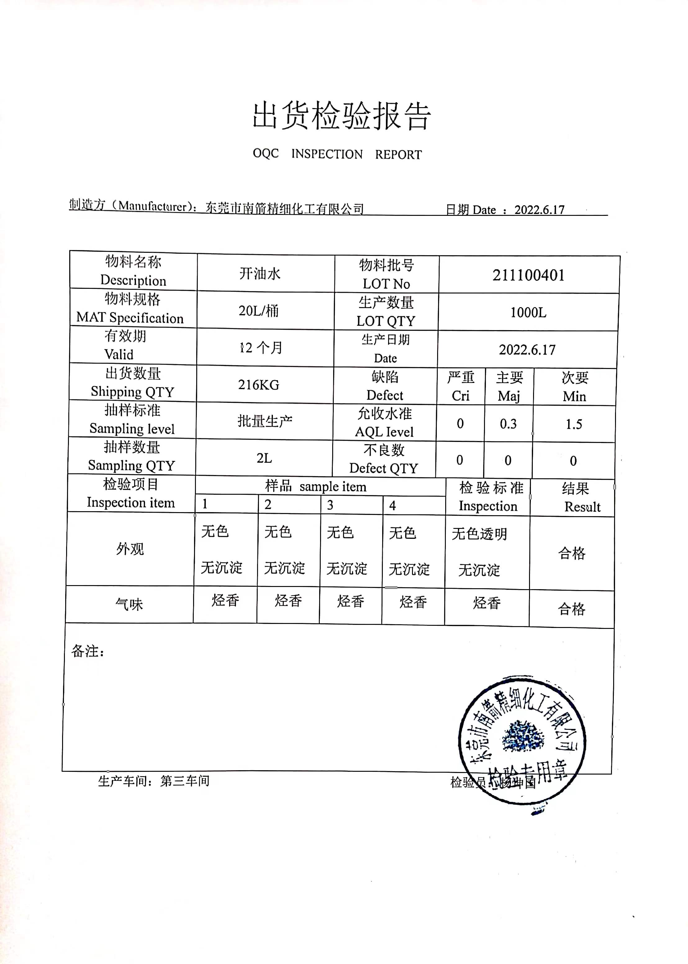 783稀釋劑質(zhì)量檢測(cè)報(bào)告