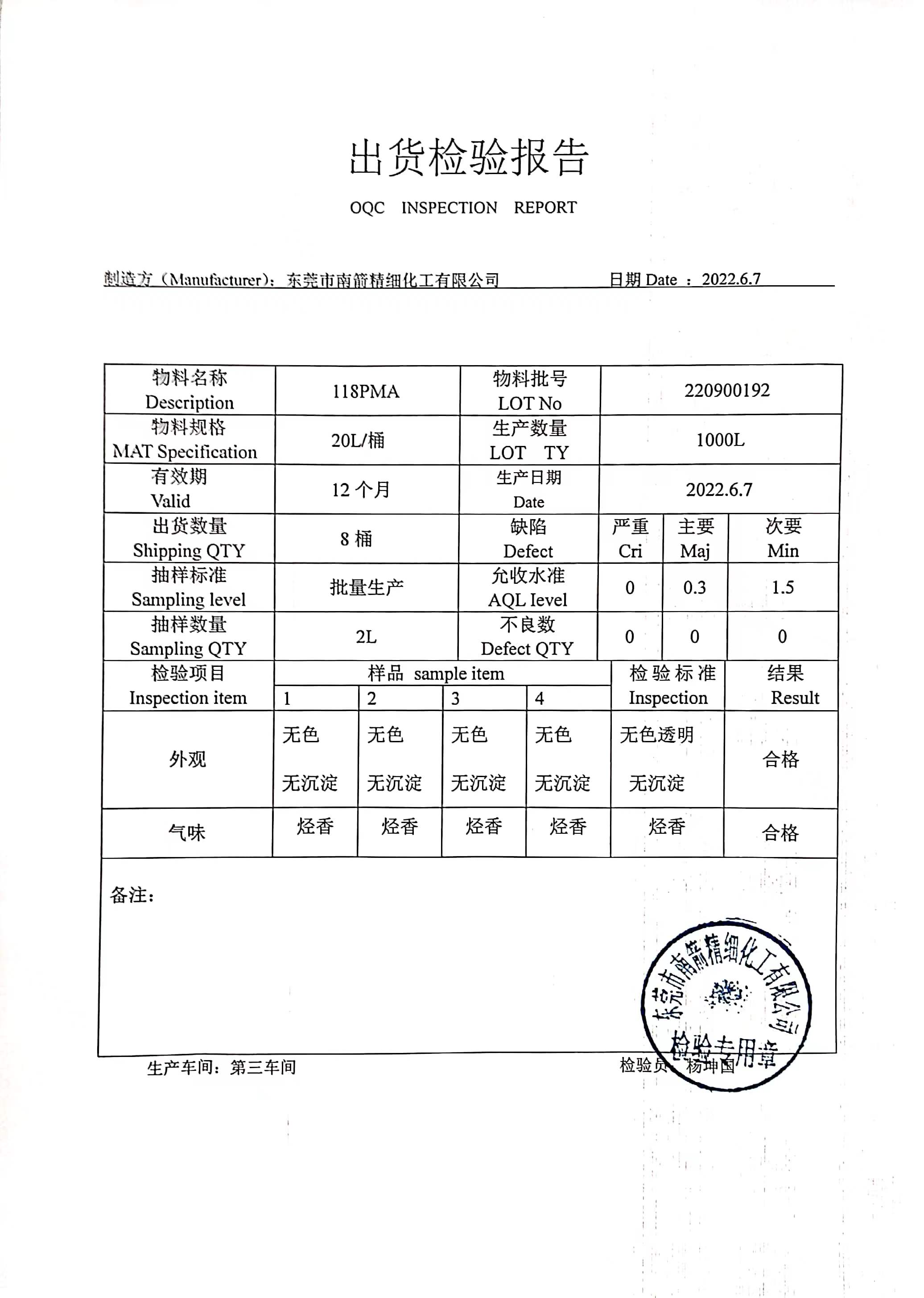 丙二醇質(zhì)量檢測(cè)報(bào)告